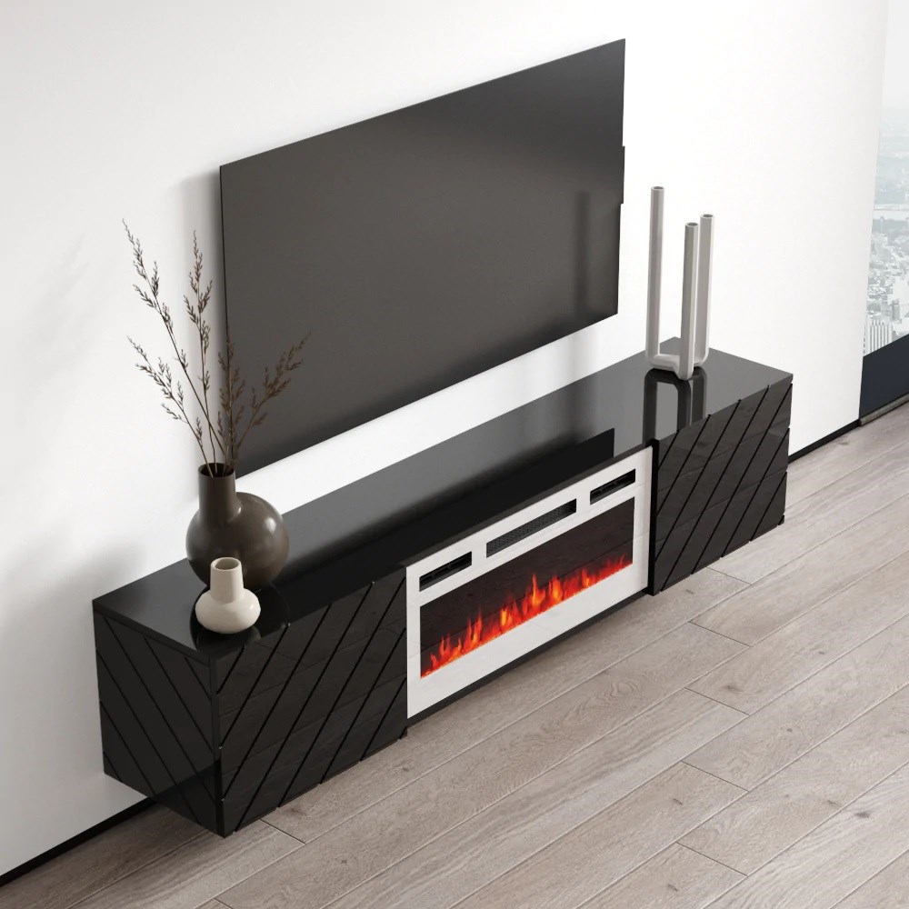 RTV LUXE cabinet 182.6x34.5x37.5 black/black gloss + white fireplace RTV LUXE cabinet 182.6x34.5x37.5 black/black gloss + white fireplace