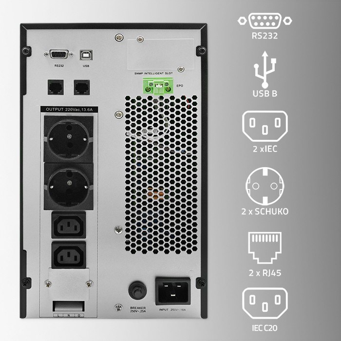 Qoltec Uninterruptible Power Supply (UPS) | 3kVA | 3000W | Power Factor 1.0 | LCD | EPO | USB | Online Qoltec Uninterruptible Power Supply (UPS) | 3kVA | 3000W | Power Factor 1.0 | LCD | EPO | USB | Online