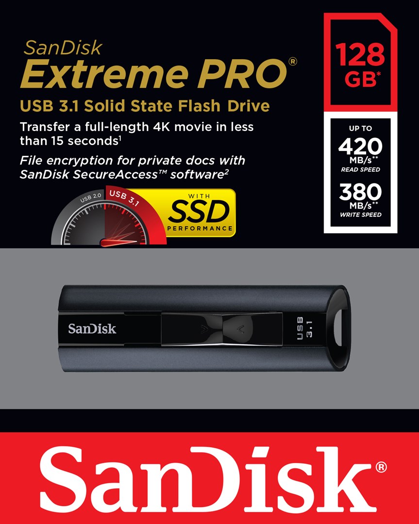 SanDisk Extreme Pro USB flash drive 128 GB USB Type-A 3.2 Gen 1 (3.1 Gen 1) Black SanDisk Extreme Pro USB flash drive 128 GB USB Type-A 3.2 Gen 1 (3.1 Gen 1) Black