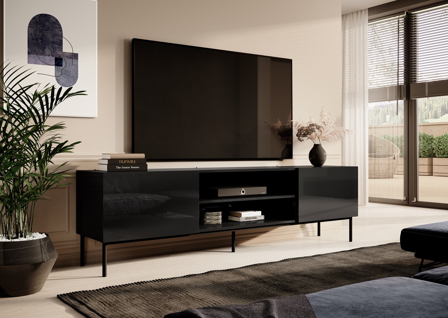RTV SLIDE 200K cabinet on black steel frame 200x40x57 cm all in gloss black RTV SLIDE 200K cabinet on black steel frame 200x40x57 cm all in gloss black