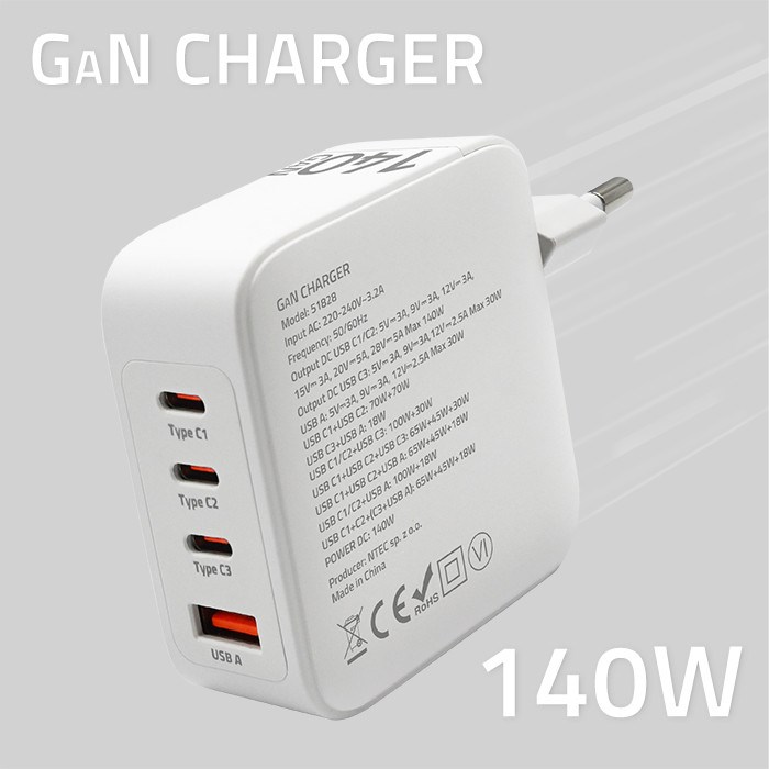 Qoltec 140W GaN Wall Charger | 5-20V | 2.5-5A | 3 x USB-C PD | 1 x USB QC 3.0 | White Qoltec 140W GaN Wall Charger | 5-20V | 2.5-5A | 3 x USB-C PD | 1 x USB QC 3.0 | White