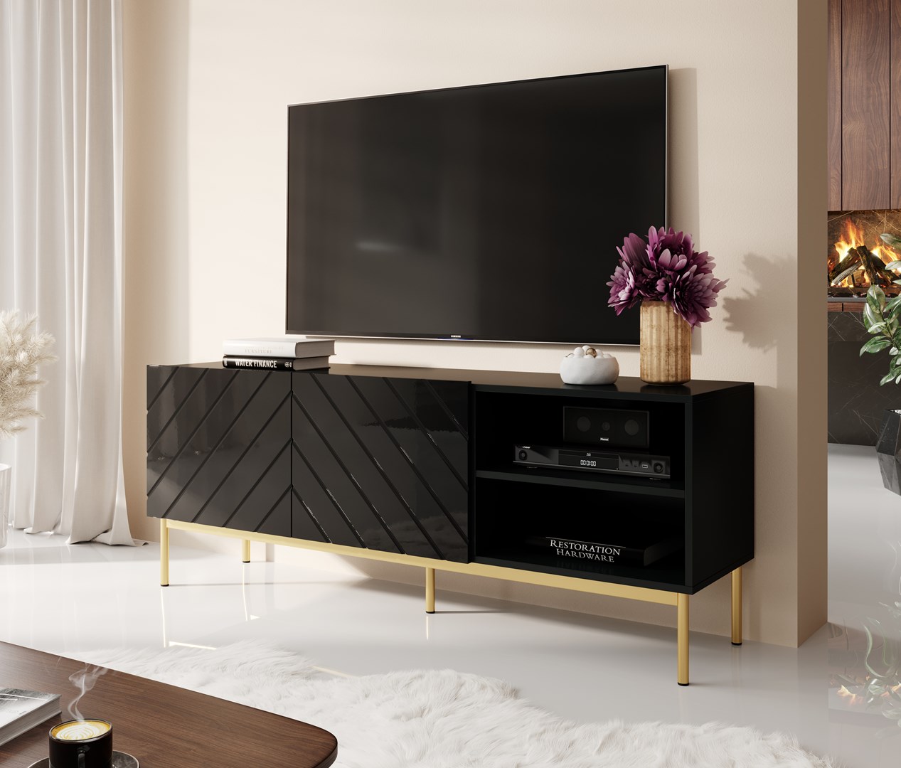 ABETO RTV cabinet on golden steel frame 150x42x60 black/gloss black ABETO RTV cabinet on golden steel frame 150x42x60 black/gloss black