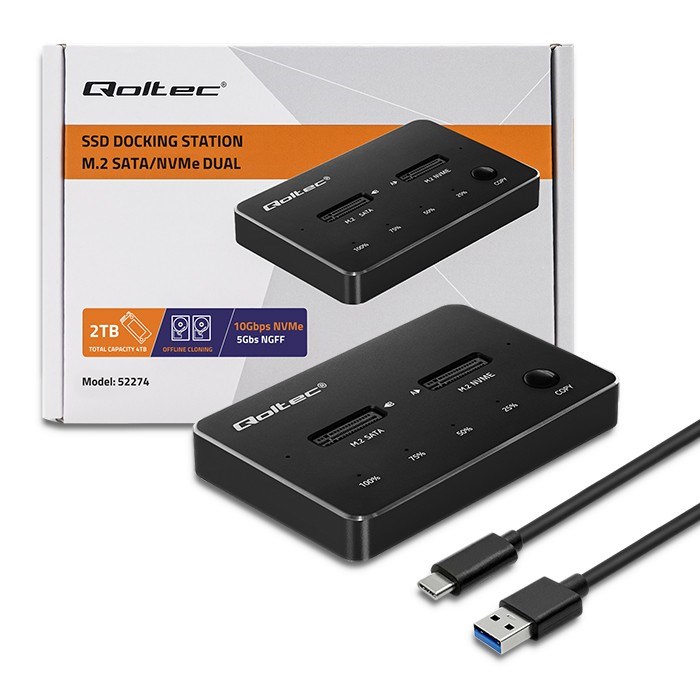 Qoltec M.2 SSD Docking Station | NVMe| SATA | USB-C | DUAL 2 x 2TB Qoltec M.2 SSD Docking Station | NVMe| SATA | USB-C | DUAL 2 x 2TB