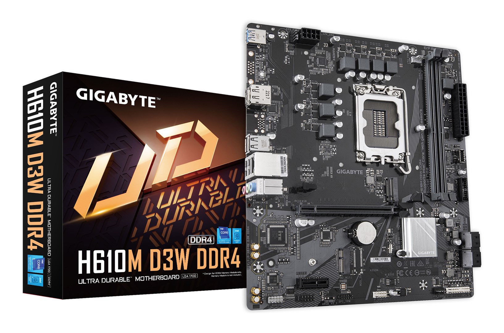 GIGABYTE H610M D3W DDR4 Motherboard - Supports 14th Gen. Intel Core CPUs, 5+1+1 phases VRM, up to 3200MHz DDR4, 1xPCIe 3.0 M.2, 1GbE LAN, USB 3.2 Gen 1 GIGABYTE H610M D3W DDR4 Motherboard - Supports 14th Gen. Intel Core CPUs, 5+1+1 phases VRM, up to 3200MHz DDR4, 1xPCIe 3.0 M.2, 1GbE LAN, USB 3.2 Gen 1