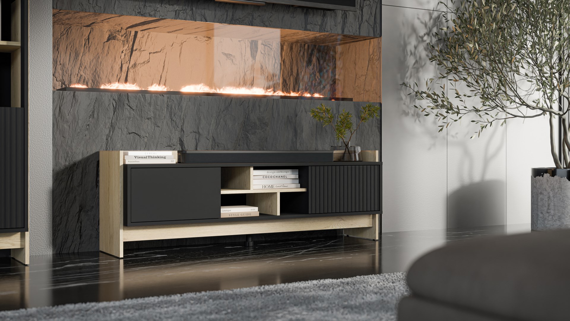Cama RTV PORTO 2D cabinet 150x38x50 oak/black Cama RTV PORTO 2D cabinet 150x38x50 oak/black