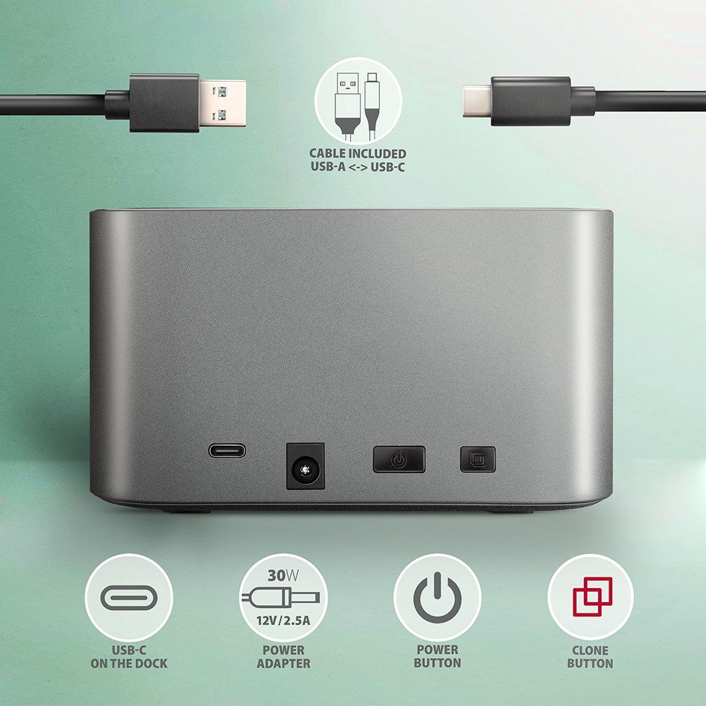 AXAGON ADSA-DC USB3.2 Gen1 - 2x SATA 6G CLONE DUAL HDD Dock Station ASMedia AXAGON ADSA-DC USB3.2 Gen1 - 2x SATA 6G CLONE DUAL HDD Dock Station ASMedia