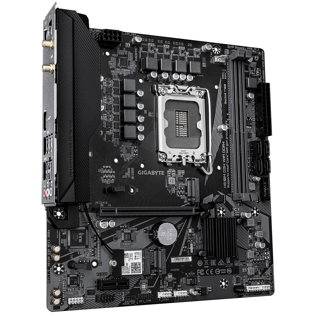 GIGABYTE H610M D3H WIFI DDR4 Motherboard - Supports 14th Gen. Intel Core CPUs, 6+1+1 phases VRM, up to 3200MHz DDR4, 2xPCIe 3.0 M.2, WIFI 5, 1GbE LAN, USB 3.2 Gen 1 GIGABYTE H610M D3H WIFI DDR4 Motherboard - Supports 14th Gen. Intel Core CPUs, 6+1+1 phases VRM, up to 3200MHz DDR4, 2xPCIe 3.0 M.2, WIFI 5, 1GbE LAN, USB 3.2 Gen 1