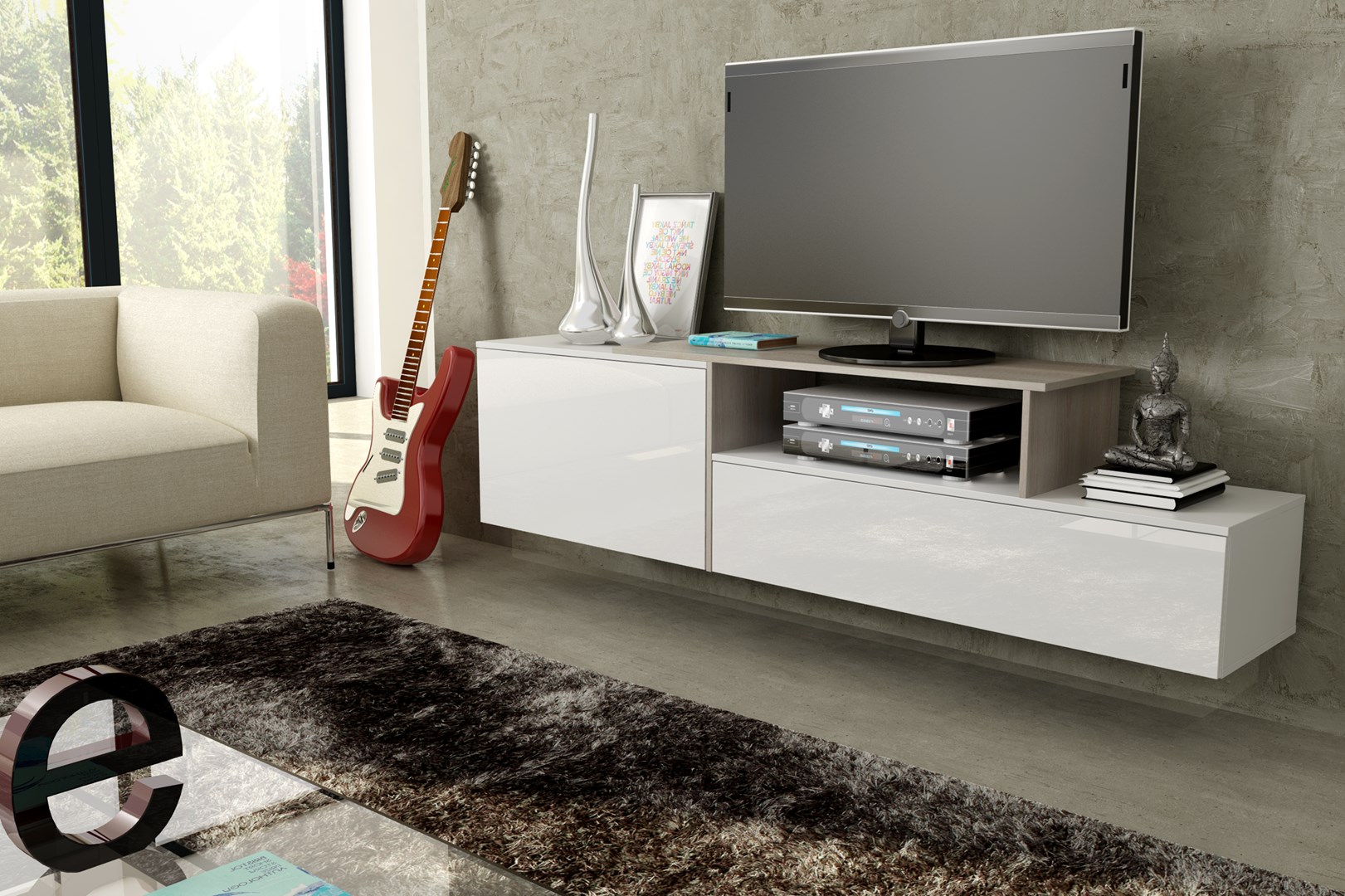 Cama TV cabinet SIGMA 3 180 white/white gloss + sonoma oak Cama TV cabinet SIGMA 3 180 white/white gloss + sonoma oak