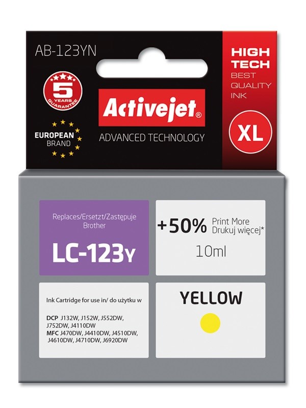 Activejet AB-123YN Ink (replacement for Brother LC123Y/121Y; Supreme; 10 ml; yellow) Activejet AB-123YN Ink (replacement for Brother LC123Y/121Y; Supreme; 10 ml; yellow)
