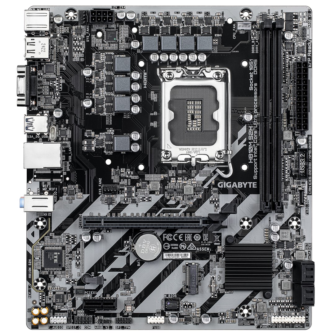 GIGABYTE H810M S2H Motherboard - Intel Core Ultra (Series 2) CPUs, 4+1+2 Phases VRM, up to 6400MHz DDR5, 1xPCIe 4.0 M.2, 1GbE LAN, USB 3.2 Gen 1 GIGABYTE H810M S2H Motherboard - Intel Core Ultra (Series 2) CPUs, 4+1+2 Phases VRM, up to 6400MHz DDR5, 1xPCIe 4.0 M.2, 1GbE LAN, USB 3.2 Gen 1