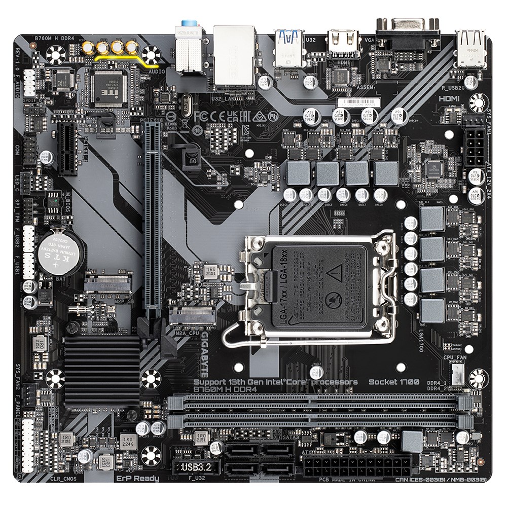 GIGABYTE B760M H DDR4 Motherboard - Supports Intel Core 14th Gen CPUs, 6+1+1 Phases Digital VRM, up to 3200MHz DDR4 (OC), 2xPCIe 4.0 M.2, GbE LAN, USB 3.2 Gen1 GIGABYTE B760M H DDR4 Motherboard - Supports Intel Core 14th Gen CPUs, 6+1+1 Phases Digital VRM, up to 3200MHz DDR4 (OC), 2xPCIe 4.0 M.2, GbE LAN, USB 3.2 Gen1