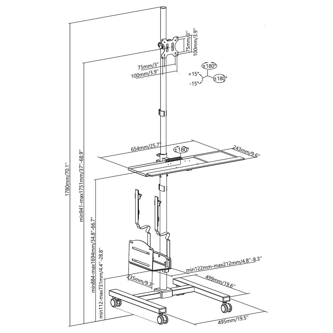 Maclean professional laptop stand cart, mobile computer workstation on wheels, max 17"-32", max 20kg, MC-793 Maclean professional laptop stand cart, mobile computer workstation on wheels, max 17"-32", max 20kg, MC-793