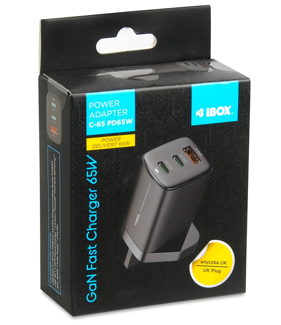 iBOX C-65 Black, GaN 65W universal charger UK plug iBOX C-65 Black, GaN 65W universal charger UK plug