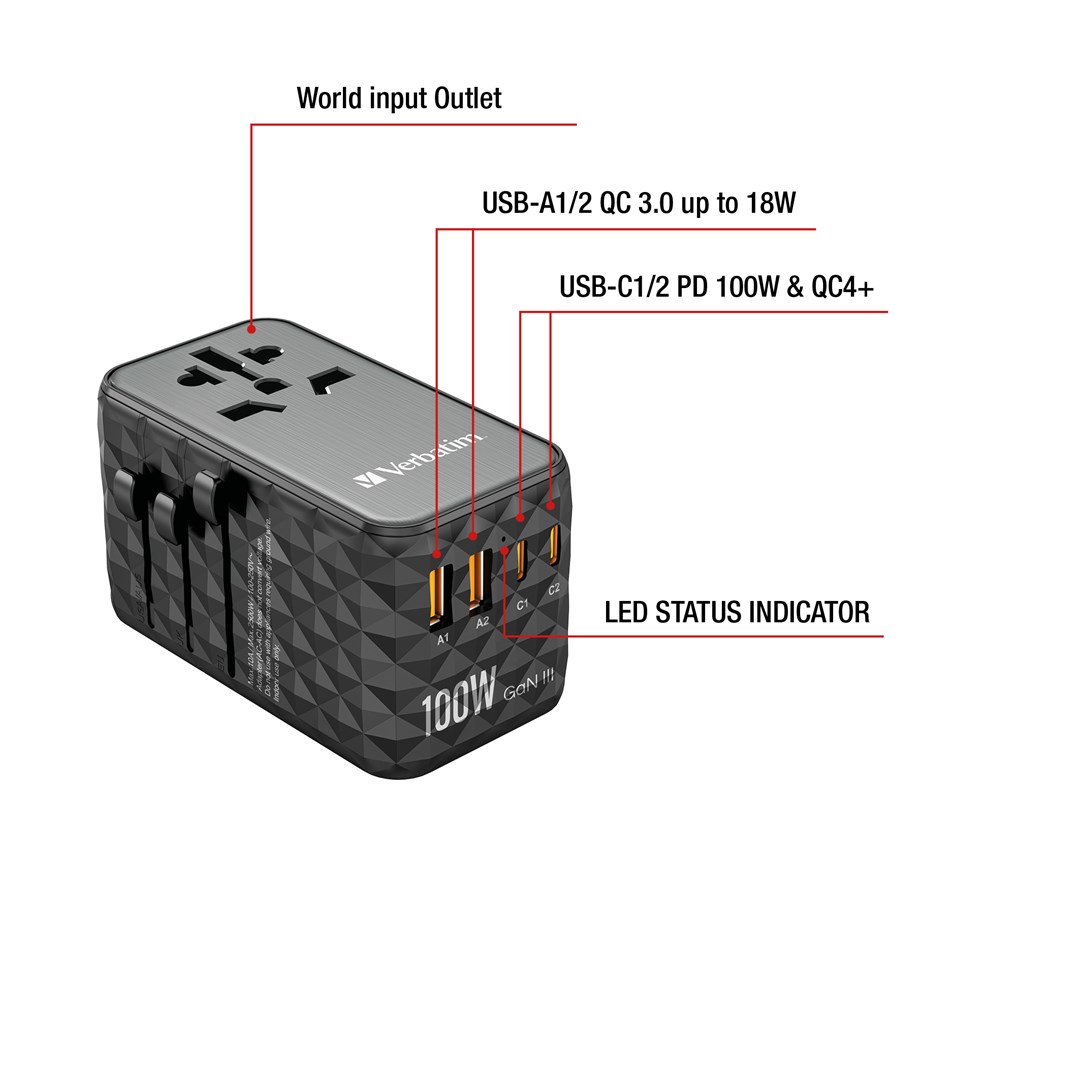 Verbatim UTA-06 100W GaN III Universal Travel Adapter with 2 x USB-C PD & QC 4+ & 2 x USB-A QC 3.0 ports Verbatim UTA-06 100W GaN III Universal Travel Adapter with 2 x USB-C PD & QC 4+ & 2 x USB-A QC 3.0 ports