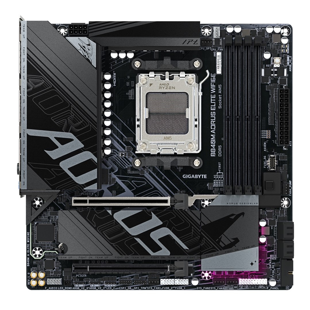 GIGABYTE B840M AORUS ELITE WIFI6E Motherboard - AMD Ryzen 9000 CPUs, 10+2+2 Phases VRM, up to 8200MHz DDR5(O.C), 2xPCIe 4.0 M.2, Wi-Fi 6E, 2.5GbE LAN, USB 3.2 Gen 2 GIGABYTE B840M AORUS ELITE WIFI6E Motherboard - AMD Ryzen 9000 CPUs, 10+2+2 Phases VRM, up to 8200MHz DDR5(O.C), 2xPCIe 4.0 M.2, Wi-Fi 6E, 2.5GbE LAN, USB 3.2 Gen 2