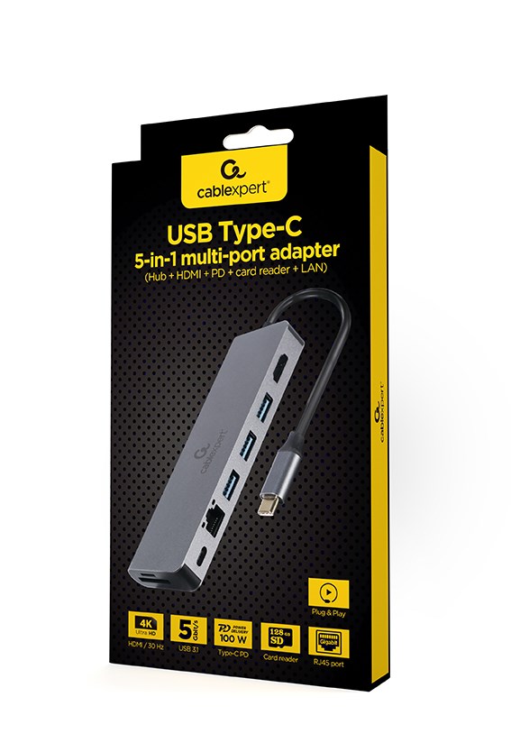 Gembird A-CM-COMBO5-05 USB Type-C 5-in-1 multi-port adapter (Hub + HDMI + PD + card reader + LAN) Gembird A-CM-COMBO5-05 USB Type-C 5-in-1 multi-port adapter (Hub + HDMI + PD + card reader + LAN)