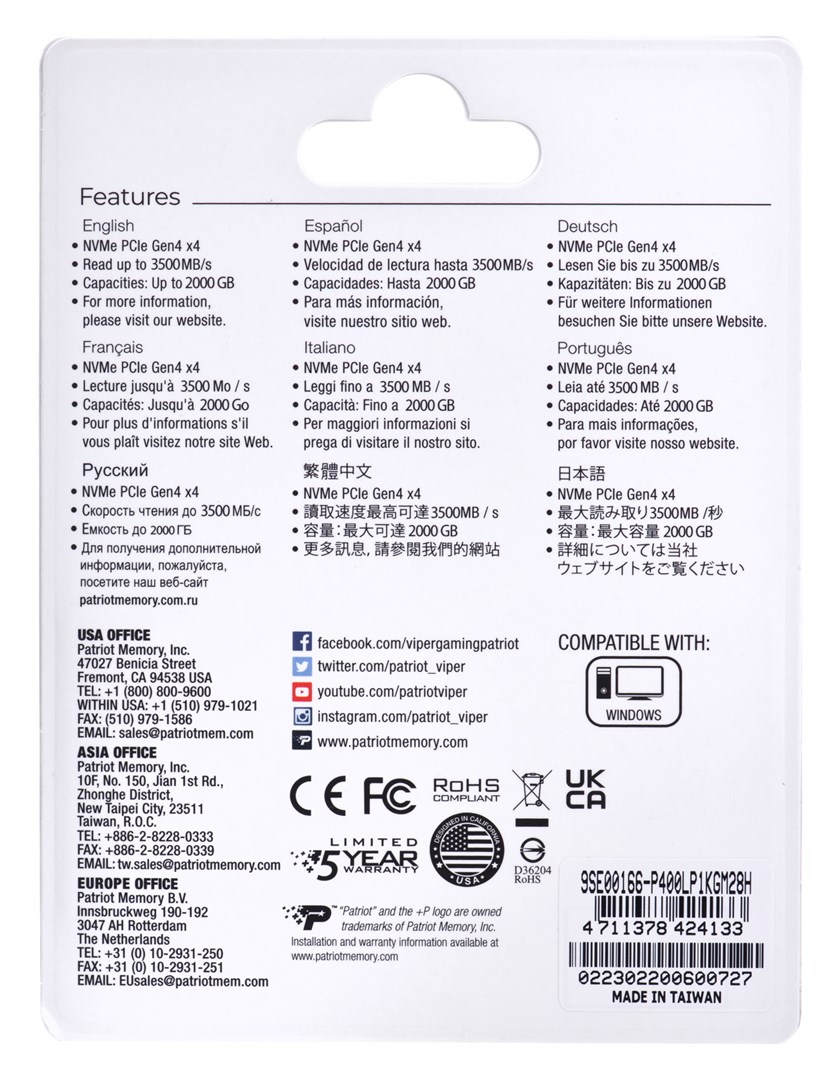 SSD Patriot Viper P400 Lite M.2 PCI-Ex4 NVMe 1000GB SSD Patriot Viper P400 Lite M.2 PCI-Ex4 NVMe 1000GB