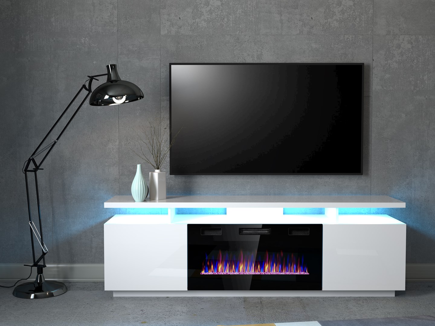 RTV EVA cabinet with electric fireplace 180x40x52 cm white/gloss white RTV EVA cabinet with electric fireplace 180x40x52 cm white/gloss white