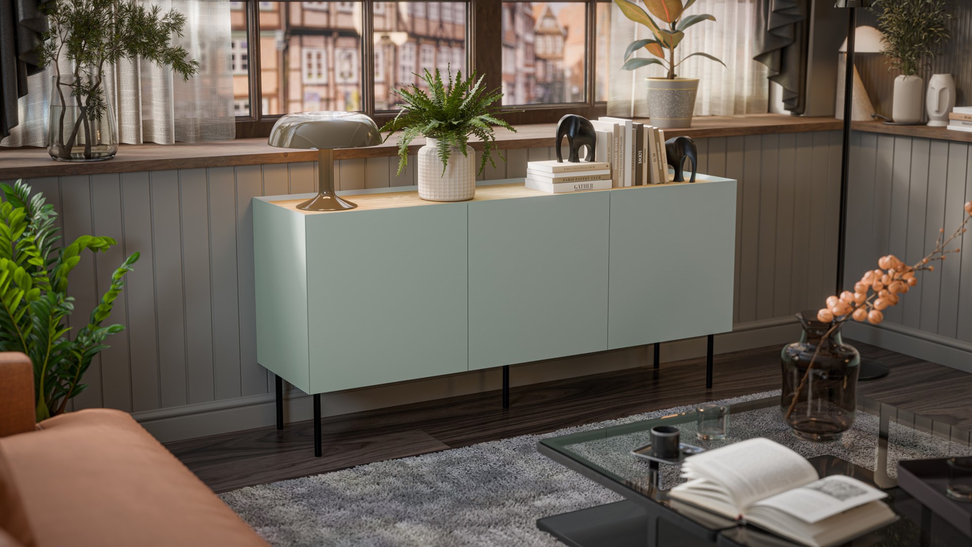 Cama FELLINI chest of drawers 150x40x70 olive + oiled oak top Cama FELLINI chest of drawers 150x40x70 olive + oiled oak top