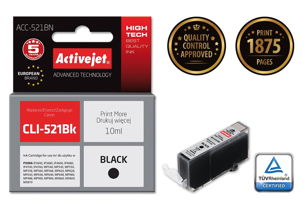 Activejet ACC-521BN Ink cartridge (replacement for Canon CLI-521Bk; Supreme; 10 ml; black) Activejet ACC-521BN Ink cartridge (replacement for Canon CLI-521Bk; Supreme; 10 ml; black)