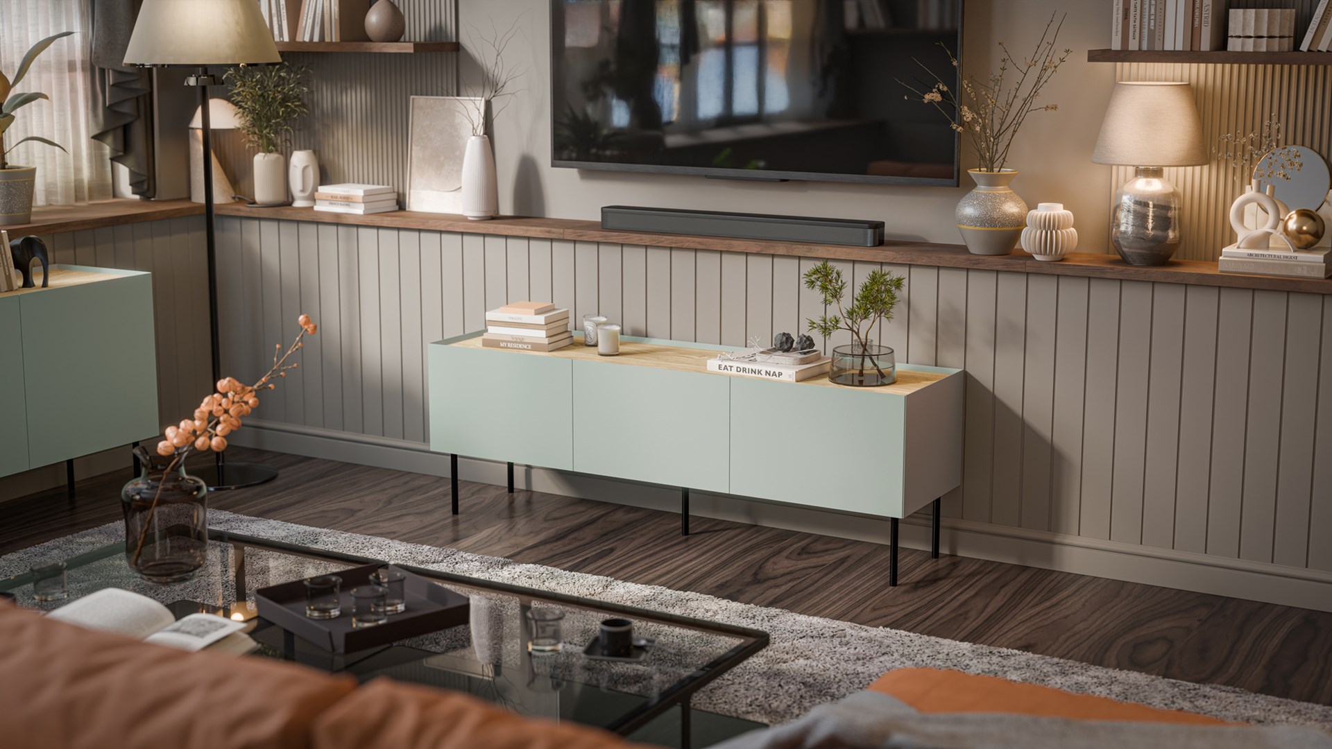 Cama FELLINI TV cabinet 150x40x52 olive + oiled oak top Cama FELLINI TV cabinet 150x40x52 olive + oiled oak top