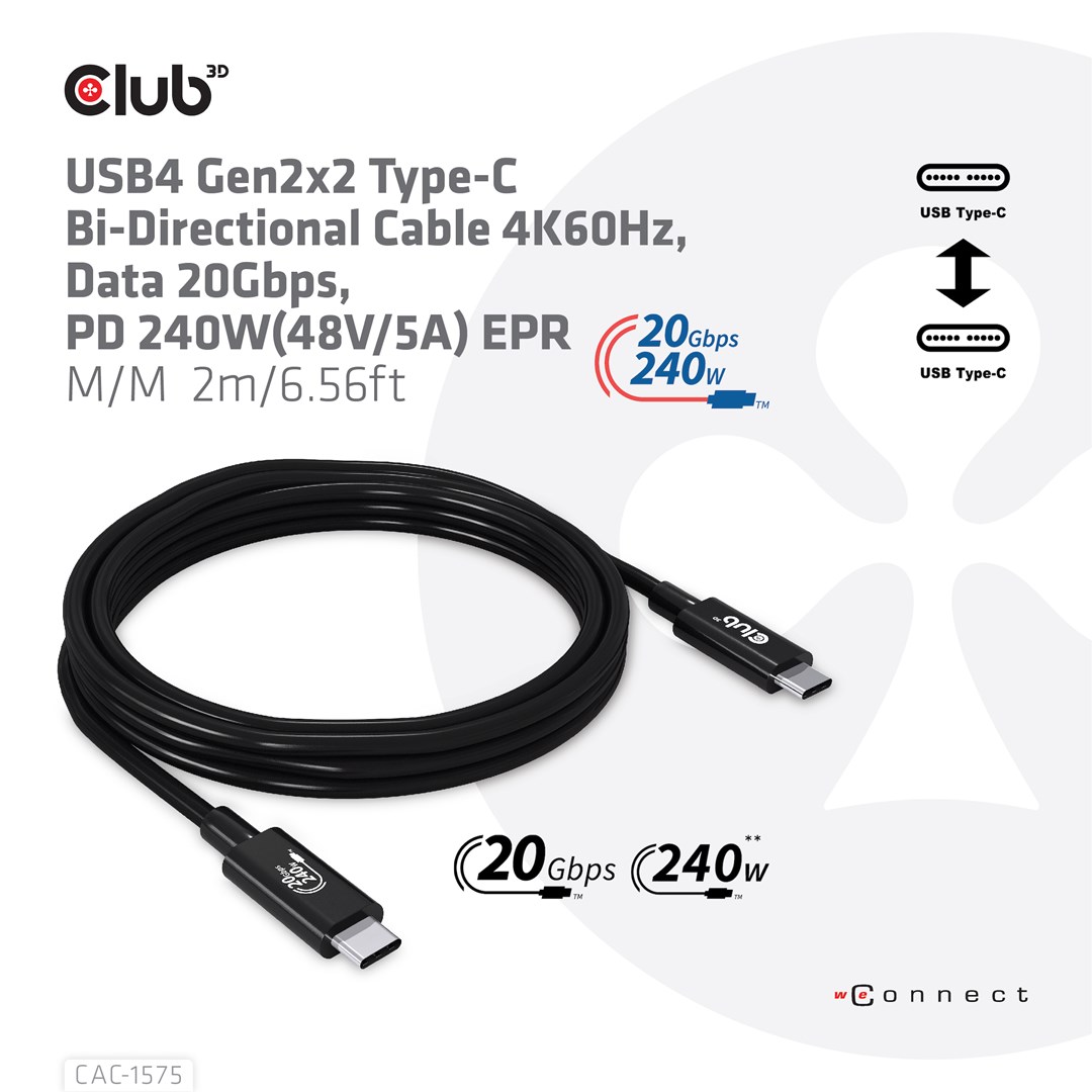 CLUB3D USB4 Gen2x2 Type-C Bi-Directional Cable 4K60Hz, Data 20Gbps, PD 240W(48V/5A) EPR M/M 2m CLUB3D USB4 Gen2x2 Type-C Bi-Directional Cable 4K60Hz, Data 20Gbps, PD 240W(48V/5A) EPR M/M 2m
