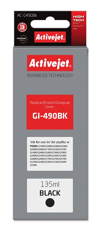 Activejet AC-G490Bk Ink (replacement for Canon GI-490BK; Supreme; 135 ml; 6000 pages, black) Activejet AC-G490Bk Ink (replacement for Canon GI-490BK; Supreme; 135 ml; 6000 pages, black)