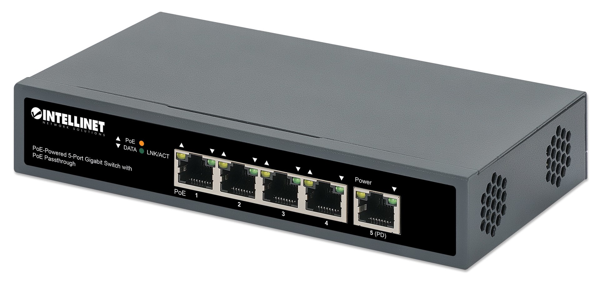 Intellinet 5-Port Gigabit Switch with PoE Passthrough, One IEEE 802.3bt (PoE++ / 4PPoE) PD PoE Port with 95 W Power Input, Four PSE PoE ports, PoE Power Budget up to 65 W, IEEE 802.3at/af Compliant Output, Desktop, Wall-mount Option Intellinet 5-Port Gigabit Switch with PoE Passthrough, One IEEE 802.3bt (PoE++ / 4PPoE) PD PoE Port with 95 W Power Input, Four PSE PoE ports, PoE Power Budget up to 65 W, IEEE 802.3at/af Compliant Output, Desktop, Wall-mount Option