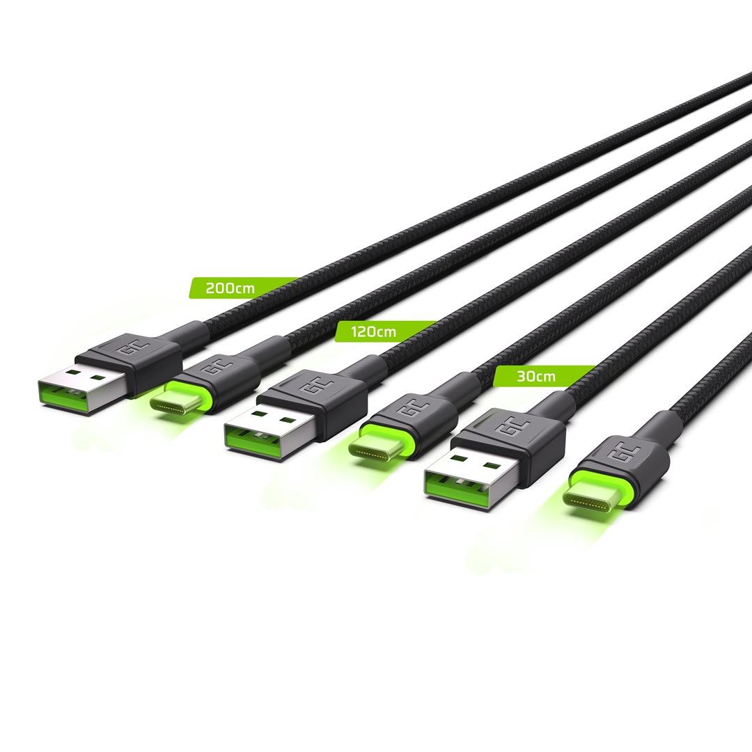 Green Cell Set 3x GC Ray USB-C Cable 30cm, 120cm, 200cm with green LED backlight, fast charging UC, QC 3.0 Green Cell Set 3x GC Ray USB-C Cable 30cm, 120cm, 200cm with green LED backlight, fast charging UC, QC 3.0