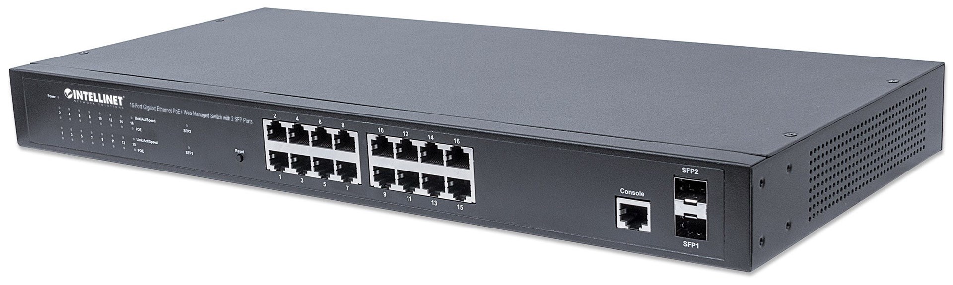 Intellinet 16-Port Gigabit Ethernet PoE+ Web-Managed Switch with 2 SFP Ports, IEEE 802.3at/af Power over Ethernet (PoE+/PoE) Compliant, 374 W, Endspan, 19" Rackmount Intellinet 16-Port Gigabit Ethernet PoE+ Web-Managed Switch with 2 SFP Ports, IEEE 802.3at/af Power over Ethernet (PoE+/PoE) Compliant, 374 W, Endspan, 19" Rackmount