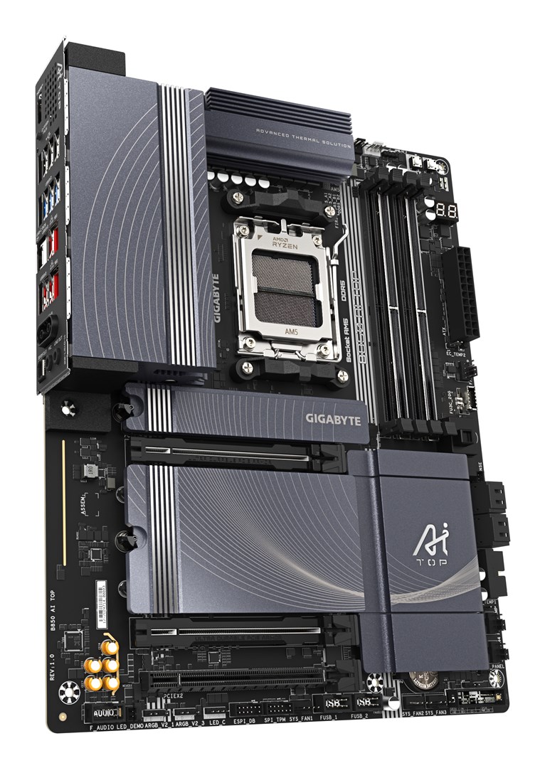 GIGABYTE B850 AI TOP Motherboard - AMD Ryzen 9000 Series CPUs, 16+2+2 Phases Digital VRM, up to 8600MHz DDR5 (OC), 2xPCIe 5.0 + 1xPCIe 4.0 M.2, 10 LAN, WIFI 7, USB 3.2 Gen 2x2 GIGABYTE B850 AI TOP Motherboard - AMD Ryzen 9000 Series CPUs, 16+2+2 Phases Digital VRM, up to 8600MHz DDR5 (OC), 2xPCIe 5.0 + 1xPCIe 4.0 M.2, 10 LAN, WIFI 7, USB 3.2 Gen 2x2