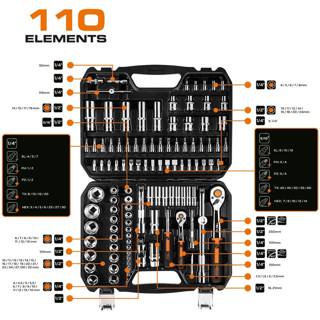Socket wrenches 1/4", 1/2", set of 110 pcs, CrV Socket wrenches 1/4", 1/2", set of 110 pcs, CrV