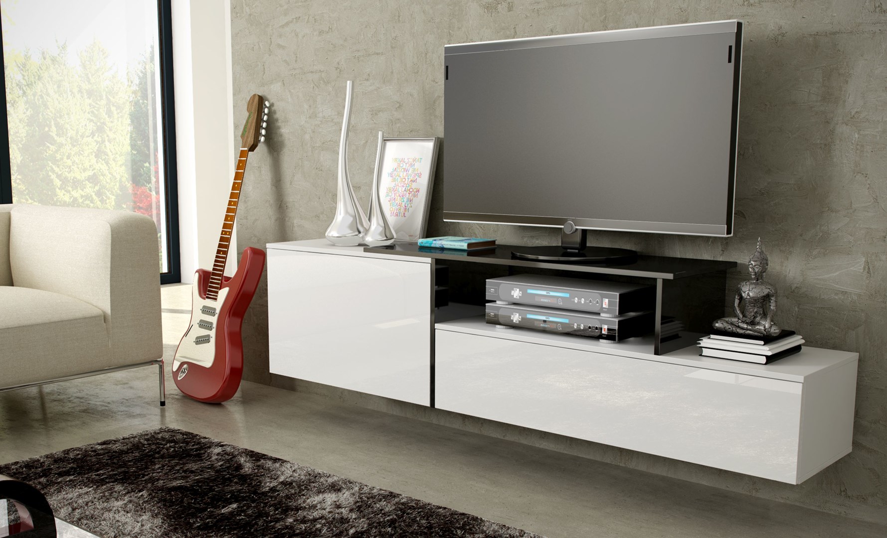 Cama TV cabinet SIGMA 3 180 white/white gloss + black Cama TV cabinet SIGMA 3 180 white/white gloss + black