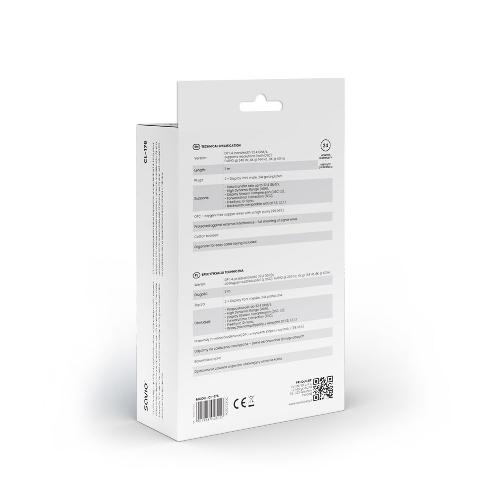 SAVIO DISPLAYPORT (M) - DISPLAYPORT (M) CABLE, V1.4, 3 m, CL-176 SAVIO DISPLAYPORT (M) - DISPLAYPORT (M) CABLE, V1.4, 3 m, CL-176