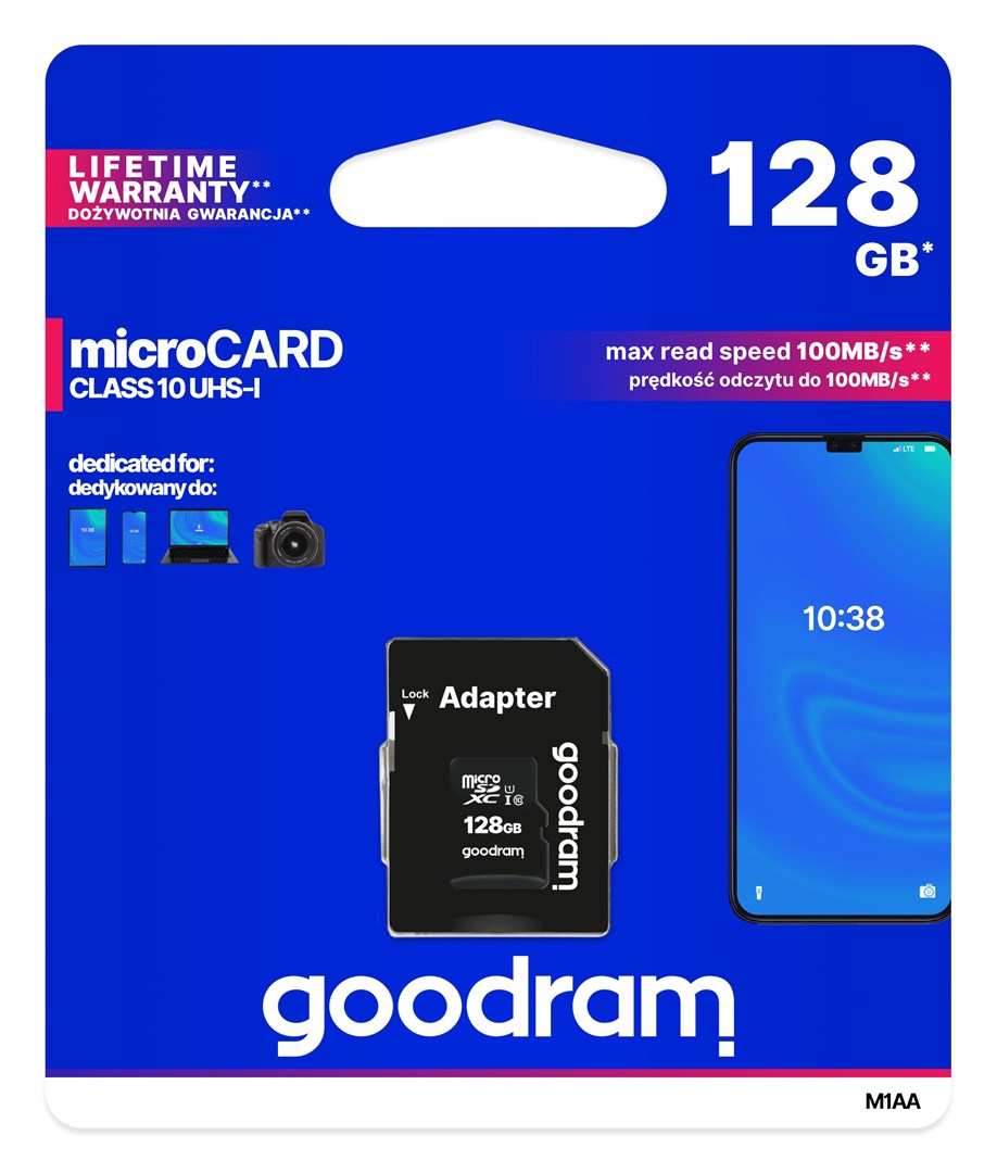 Goodram M1AA-1280R12 memory card 128 GB MicroSDXC Class 10 UHS-I Goodram M1AA-1280R12 memory card 128 GB MicroSDXC Class 10 UHS-I