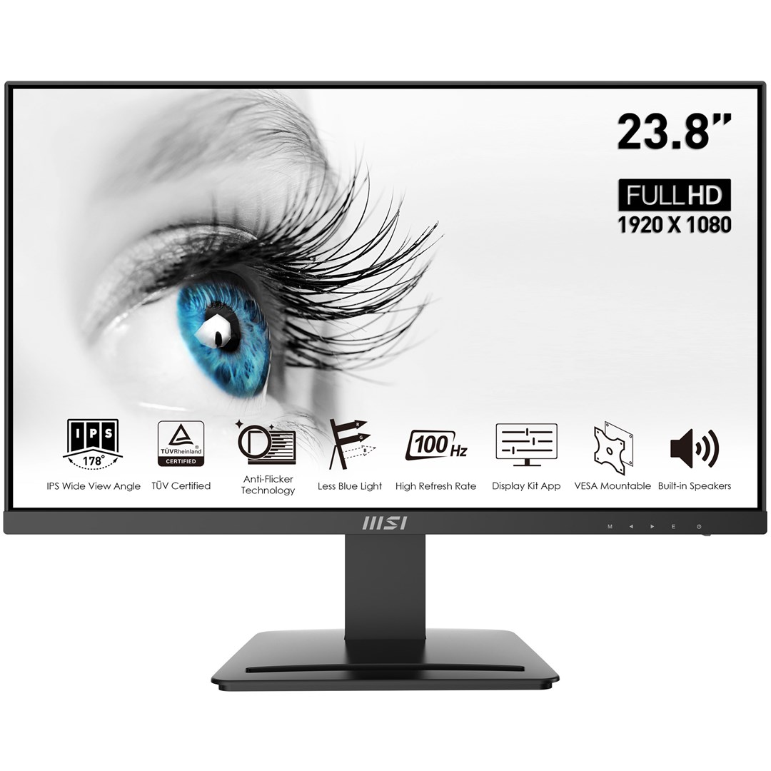 MSI Pro MP243X 23.8 Inch Monitor, Full HD (1920 x 1080), 100Hz, IPS, 4ms, HDMI, DisplayPort, Built-in Speakers, Anti-Glare, Anti-Flicker, Less Blue light, TÜV Certified, VESA, Kensington, Black MSI Pro MP243X 23.8 Inch Monitor, Full HD (1920 x 1080), 100Hz, IPS, 4ms, HDMI, DisplayPort, Built-in Speakers, Anti-Glare, Anti-Flicker, Less Blue light, TÜV Certified, VESA, Kensington, Black