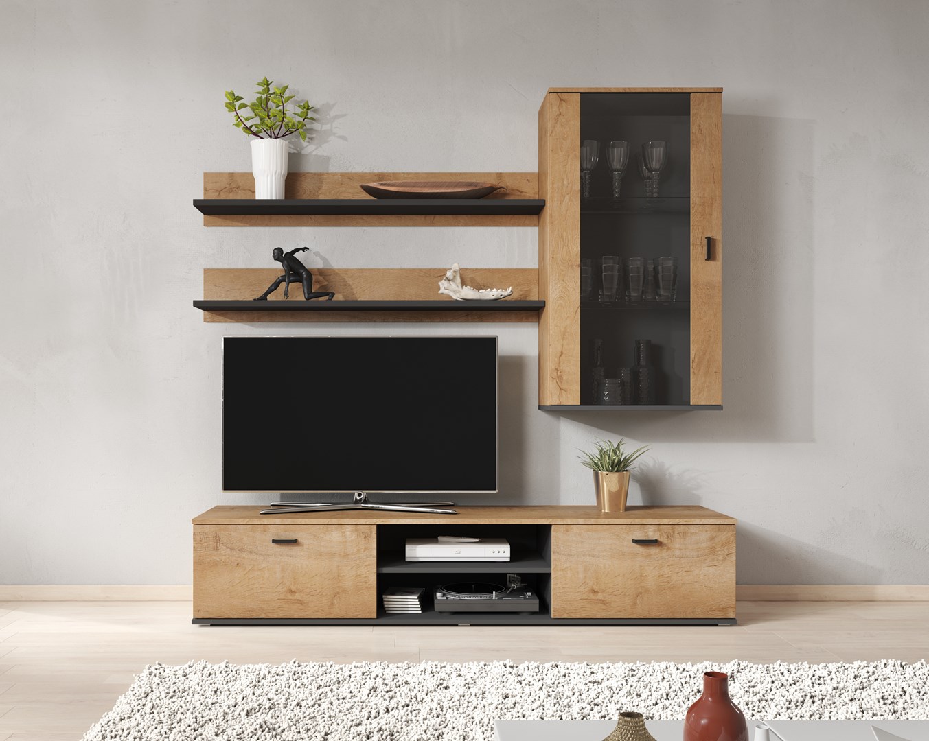 Cama SOHO 5 set (RTV180 cabinet + wall unit + shelves) oak lefkas + black Cama SOHO 5 set (RTV180 cabinet + wall unit + shelves) oak lefkas + black