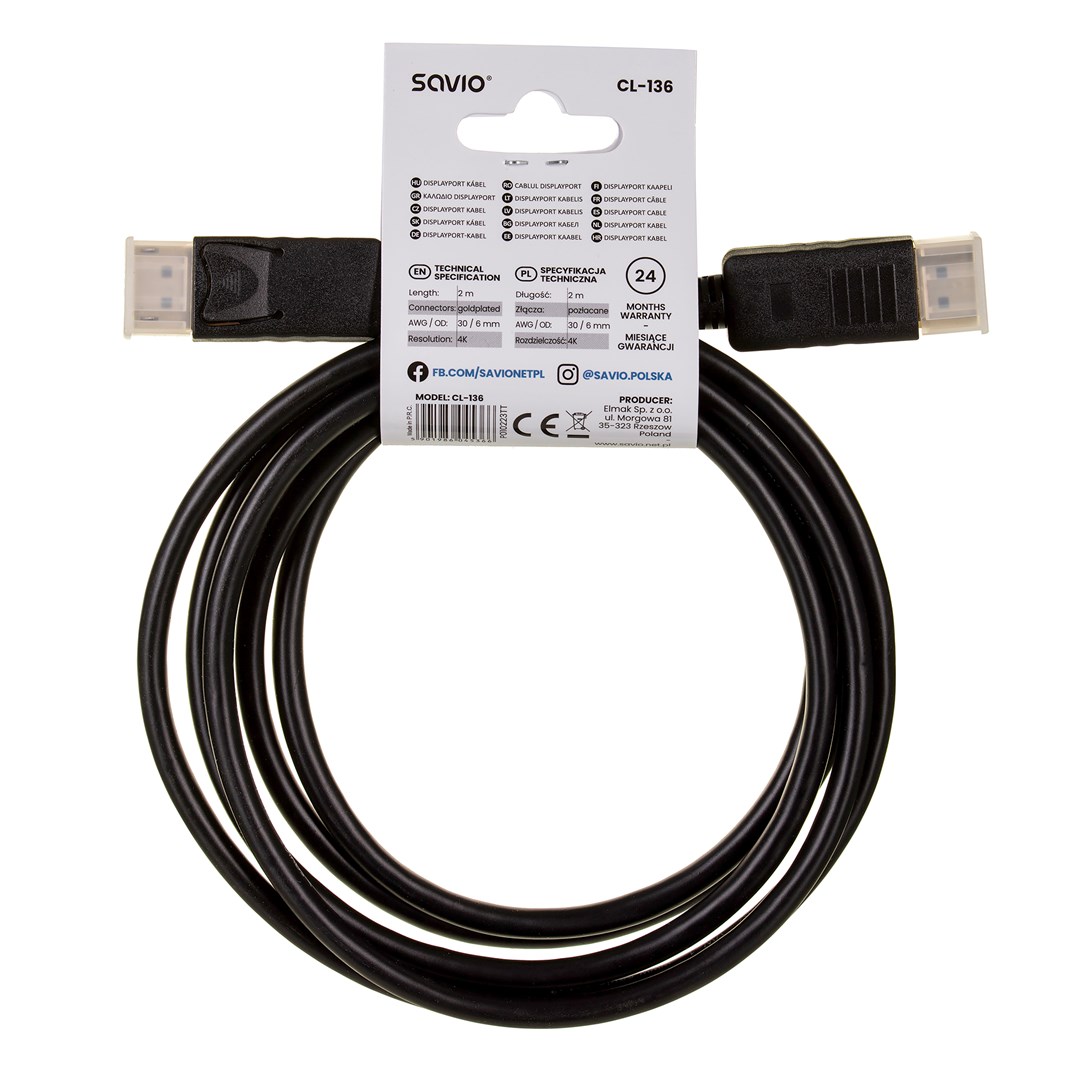 Savio CL-136 DisplayPort cable 2 m Black Savio CL-136 DisplayPort cable 2 m Black