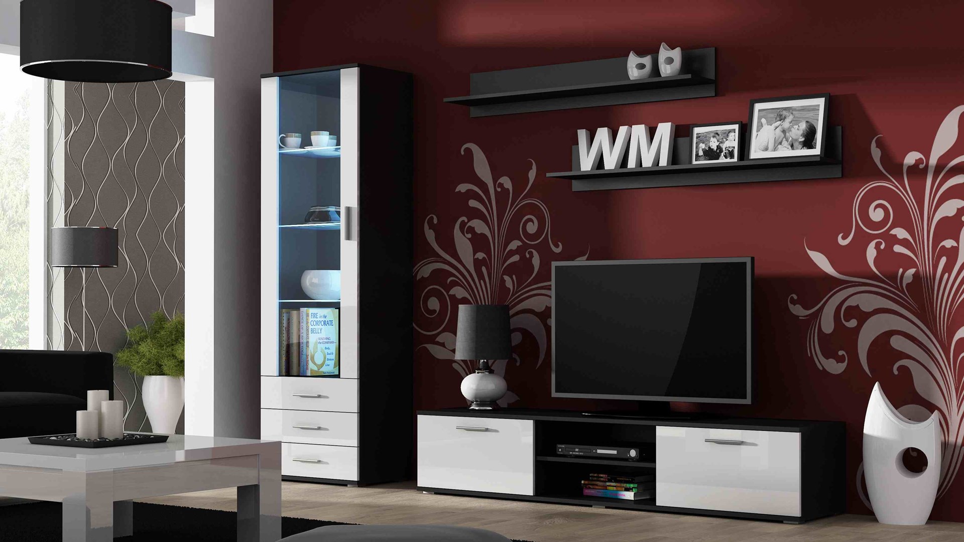 SOHO 1 furniture set (TV180 cabinet + S1 cabinet + shelves) Black / White Gloss SOHO 1 furniture set (TV180 cabinet + S1 cabinet + shelves) Black / White Gloss