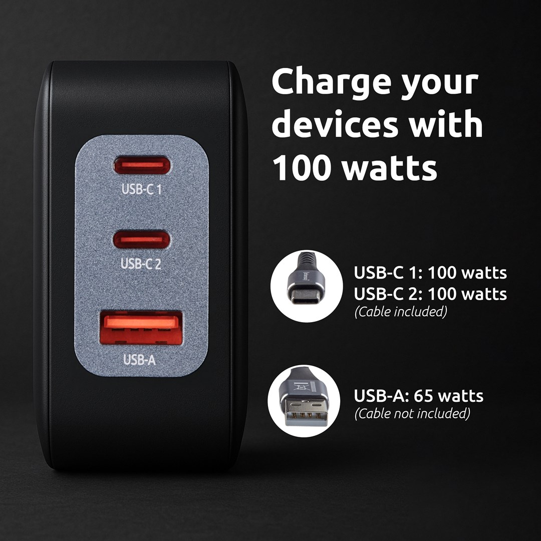 Intenso W100ACC+C520C, Power Adapter + Charging Cable Set, 100W, Fast Charging, GaN, Charge 3 Devices Simultaneously, Black Intenso W100ACC+C520C, Power Adapter + Charging Cable Set, 100W, Fast Charging, GaN, Charge 3 Devices Simultaneously, Black