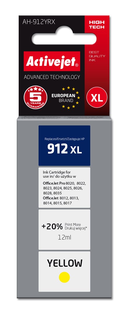 Activejet AH-912YRX Ink Cartridge (replacement for HP 912XL 3YL83AE; Premium; 990 pages; 12 ml, yellow) Activejet AH-912YRX Ink Cartridge (replacement for HP 912XL 3YL83AE; Premium; 990 pages; 12 ml, yellow)