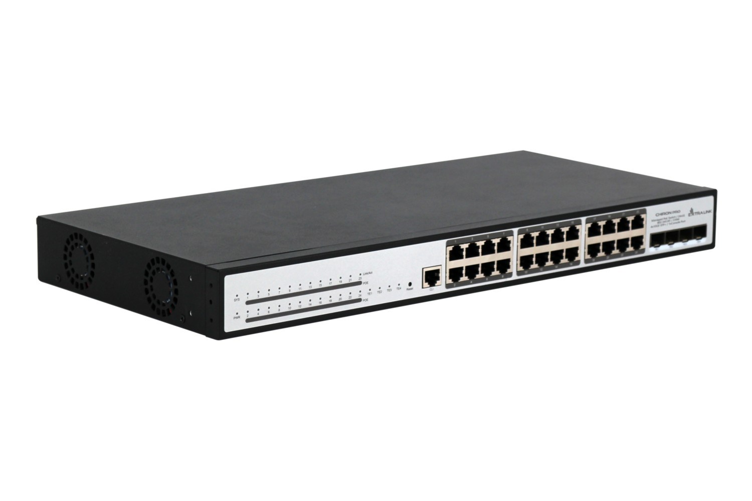 Extralink PoE Switch Chiron Pro 24x RJ45 1000Mb/s PoE, 4x SFP+, L3, managed, 370W Extralink PoE Switch Chiron Pro 24x RJ45 1000Mb/s PoE, 4x SFP+, L3, managed, 370W