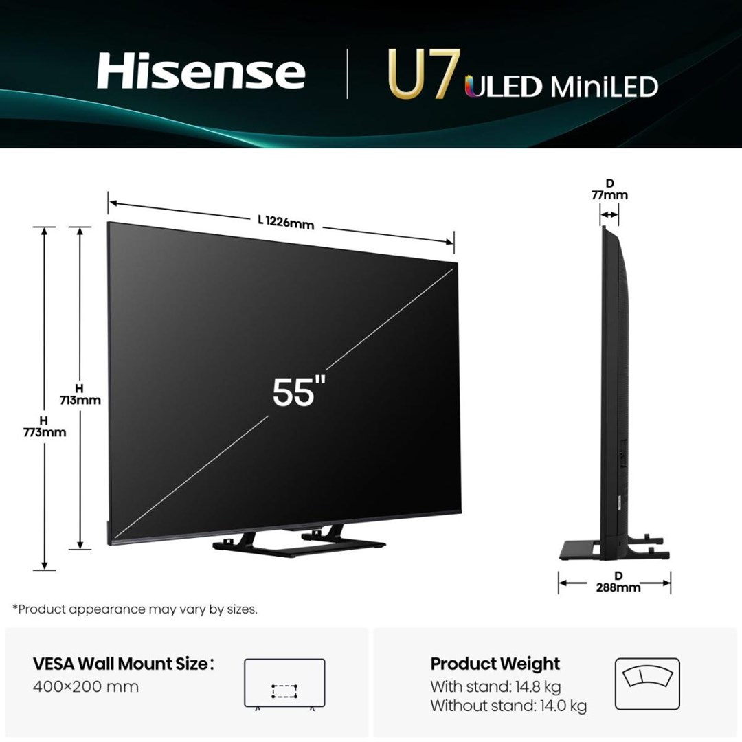 Hisense 55U7Q 139.7 cm (55") 4K Ultra HD Smart TV Wi-Fi Black 450 cd/m² Hisense 55U7Q 139.7 cm (55") 4K Ultra HD Smart TV Wi-Fi Black 450 cd/m²