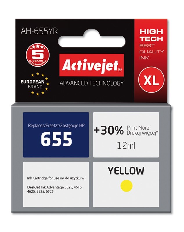 Activejet AH-655YR Ink (replacement for HP 655 CZ112AE; Premium; 12 ml; yellow) Activejet AH-655YR Ink (replacement for HP 655 CZ112AE; Premium; 12 ml; yellow)