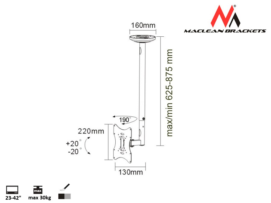 Maclean MC-504A S Adjustable Ceiling Bracket 23"-42" 30kg Maclean MC-504A S Adjustable Ceiling Bracket 23"-42" 30kg