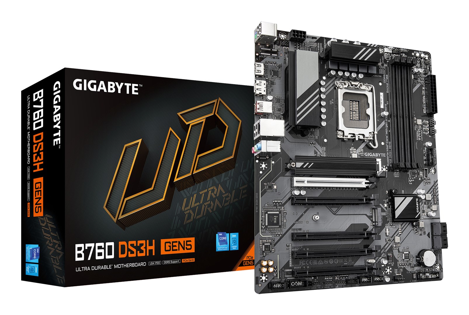 GIGABYTE B760 DS3H GEN5 Motherboard - Supports Intel Core 14th Gen CPUs, 8+2+1 Phases Digital VRM, up to 5600MHz DDR5, 2xPCIe 4.0 M.2, 1GbE LAN, USB 3.2 Gen 2x2 GIGABYTE B760 DS3H GEN5 Motherboard - Supports Intel Core 14th Gen CPUs, 8+2+1 Phases Digital VRM, up to 5600MHz DDR5, 2xPCIe 4.0 M.2, 1GbE LAN, USB 3.2 Gen 2x2