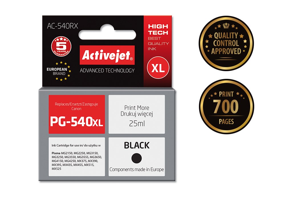 Activejet AC-540RX Ink cartridge (replacement for Canon PG-540XL; Premium; 25 ml; 700 pages, black) Activejet AC-540RX Ink cartridge (replacement for Canon PG-540XL; Premium; 25 ml; 700 pages, black)