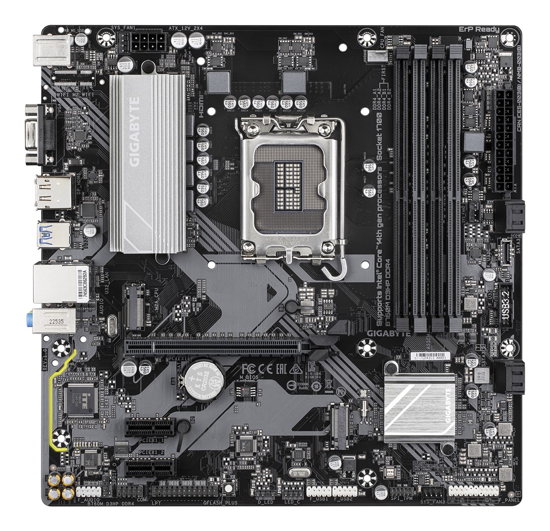 GIGABYTE B760M D3HP DDR4 Motherboard - Supports Intel Core 14th Gen CPUs, 4+1+1 Phases Digital VRM, up to 5333MHz DDR4 (OC), 2xPCIe 4.0 M.2, GbE LAN, USB 3.2 Gen1 GIGABYTE B760M D3HP DDR4 Motherboard - Supports Intel Core 14th Gen CPUs, 4+1+1 Phases Digital VRM, up to 5333MHz DDR4 (OC), 2xPCIe 4.0 M.2, GbE LAN, USB 3.2 Gen1
