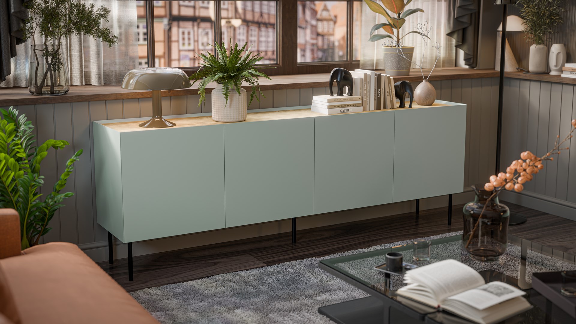 Cama FELLINI chest of drawers 200x40x70 olive + oiled oak top Cama FELLINI chest of drawers 200x40x70 olive + oiled oak top