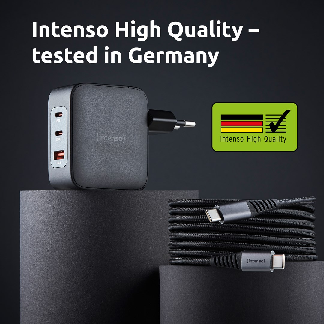 Intenso W100ACC+C520C, Power Adapter + Charging Cable Set, 100W, Fast Charging, GaN, Charge 3 Devices Simultaneously, Black Intenso W100ACC+C520C, Power Adapter + Charging Cable Set, 100W, Fast Charging, GaN, Charge 3 Devices Simultaneously, Black